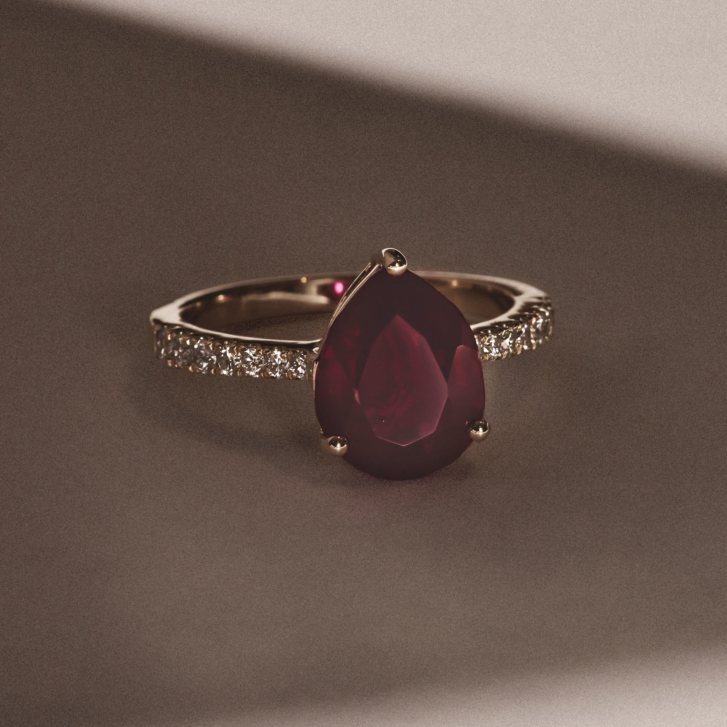 Astra 3.50ct Lab Ruby and Diamond Shoulder Set Pear Cut Ring in 18K Gold Vermeil